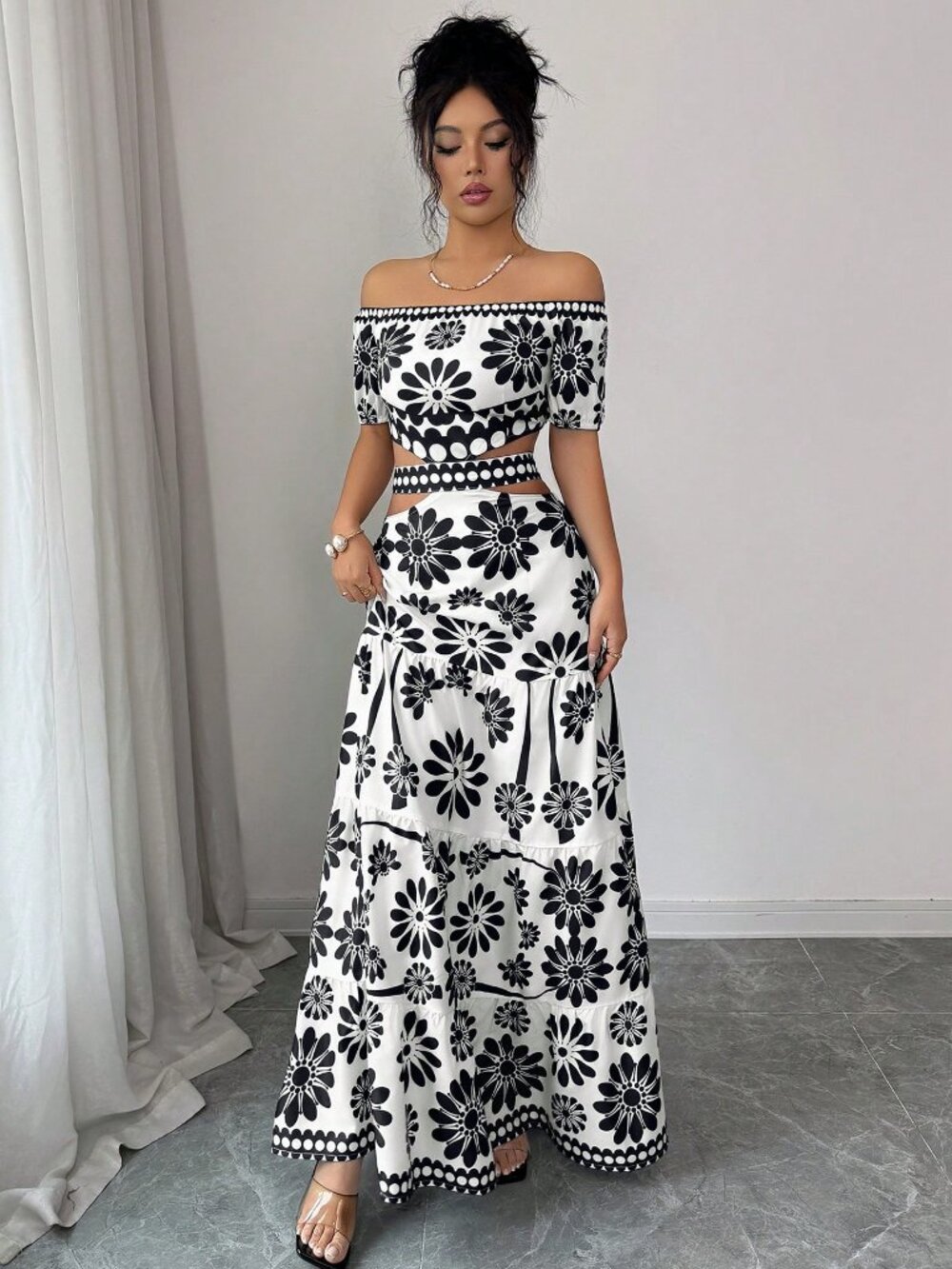 Boho Women's Floral Print Off-Shoulder short Sleeve Hollow Waist maxi Dress - Picture 4 of 6